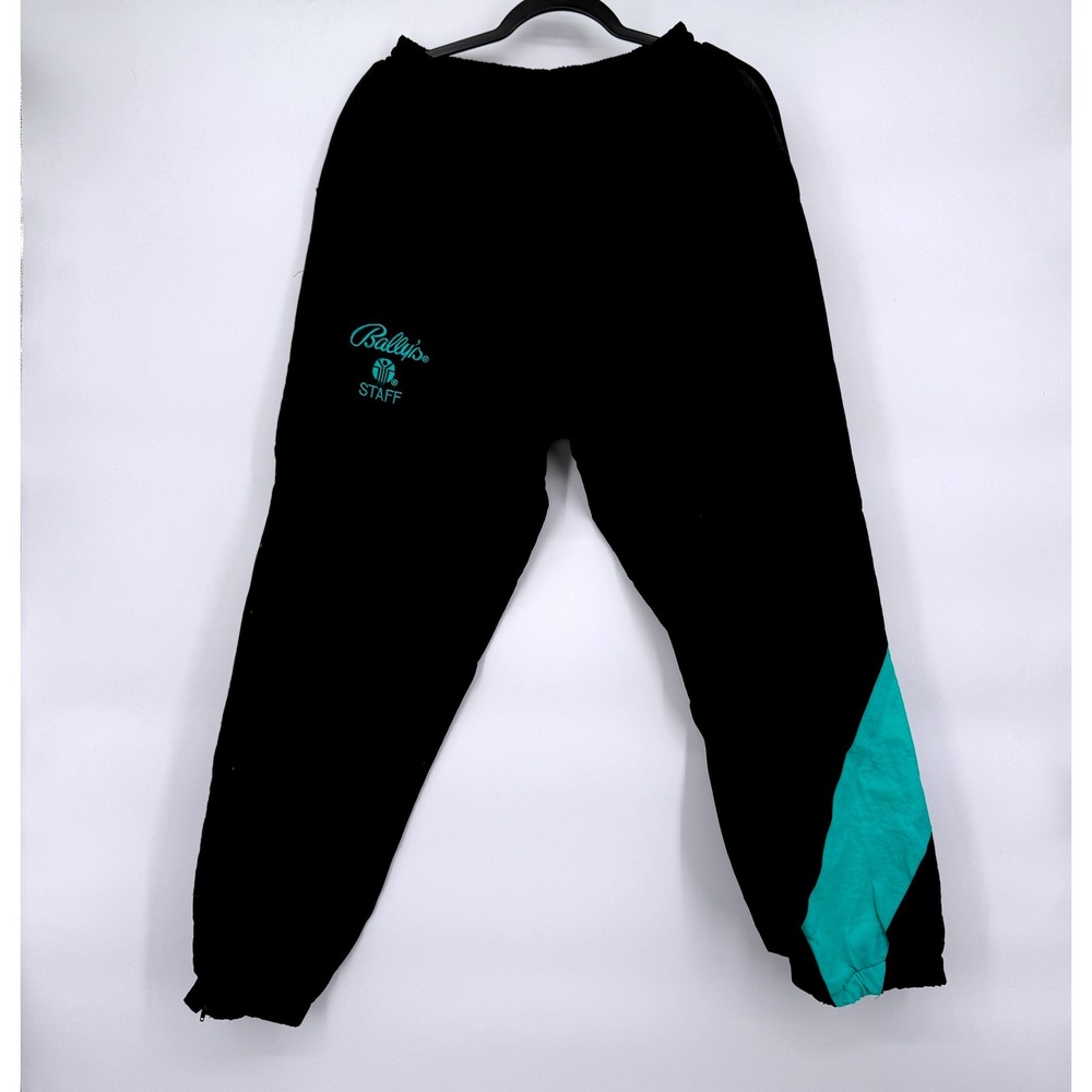 Bally's Track Pants Unisex XS Black Teal Vintage 90s Nylon Staff Joggers